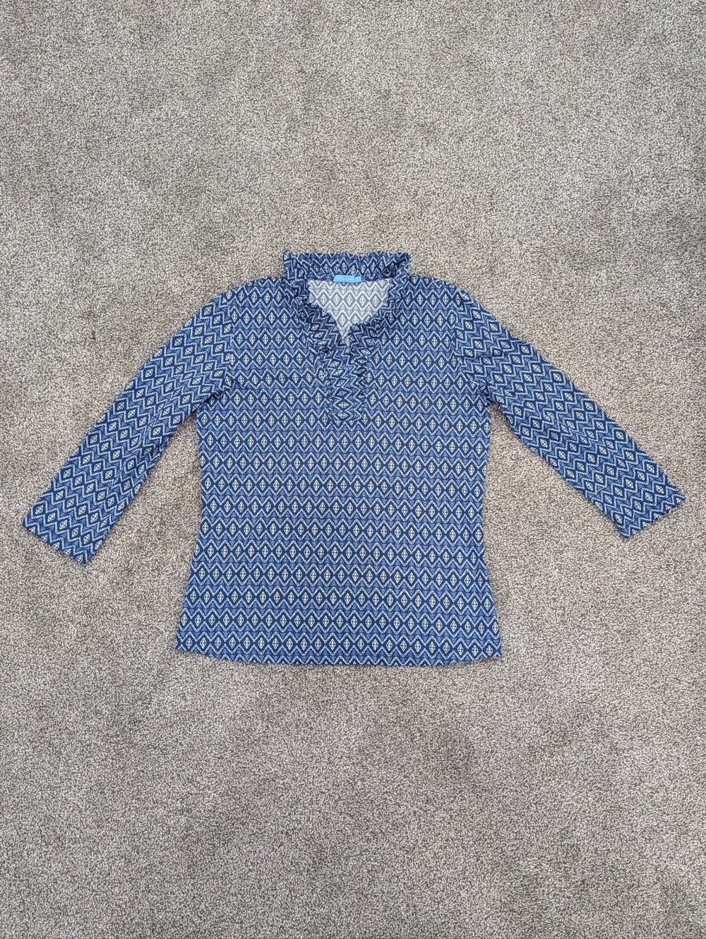 J McLaughlin Durham Catalina Cloth Top Women Small Blue Ruffle Neck 3/4 Sleeve